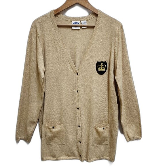 DG2 Cardigan Sweater Womens XL Gold Metallic Crest Button Pockets V Neck Sparkle - Picture 11 of 11